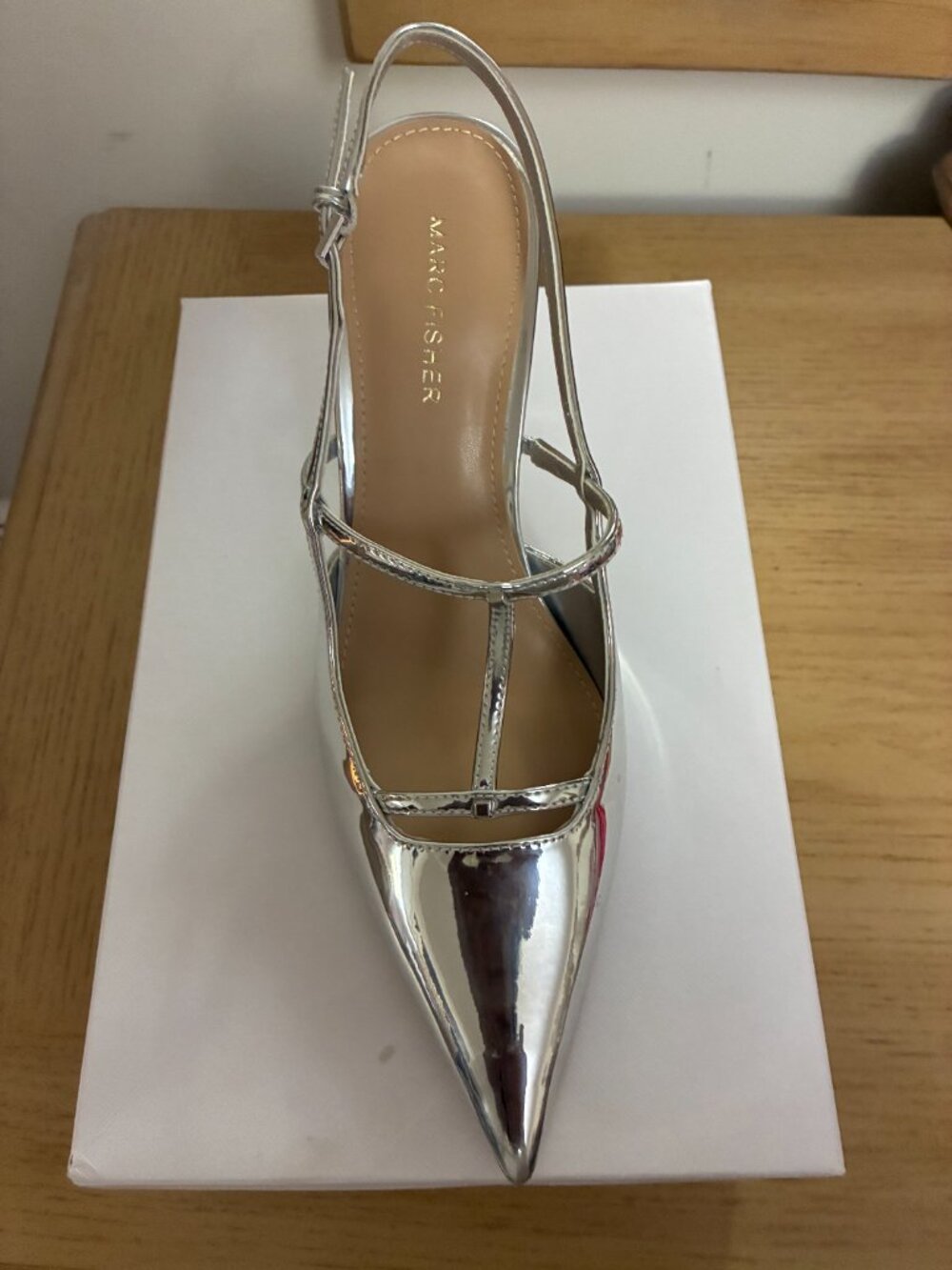 NIB! MARC FISHER Remmi Silver Metallic Strappy Slingback Heels Sz 9.5M